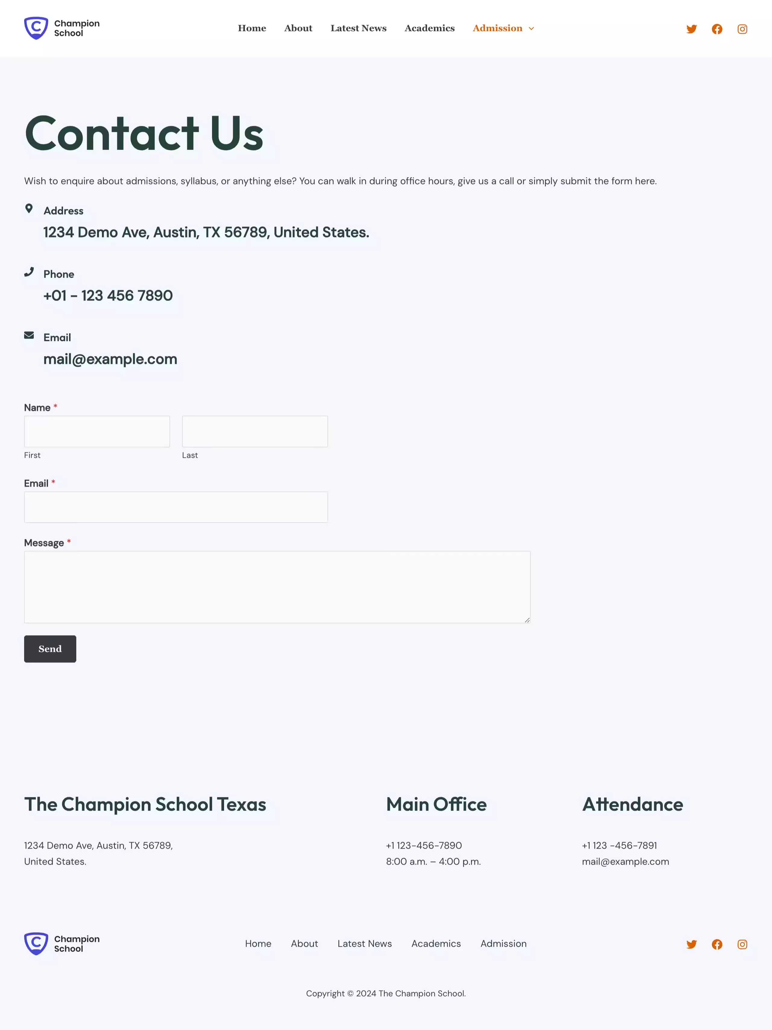 contact page of educational institue site